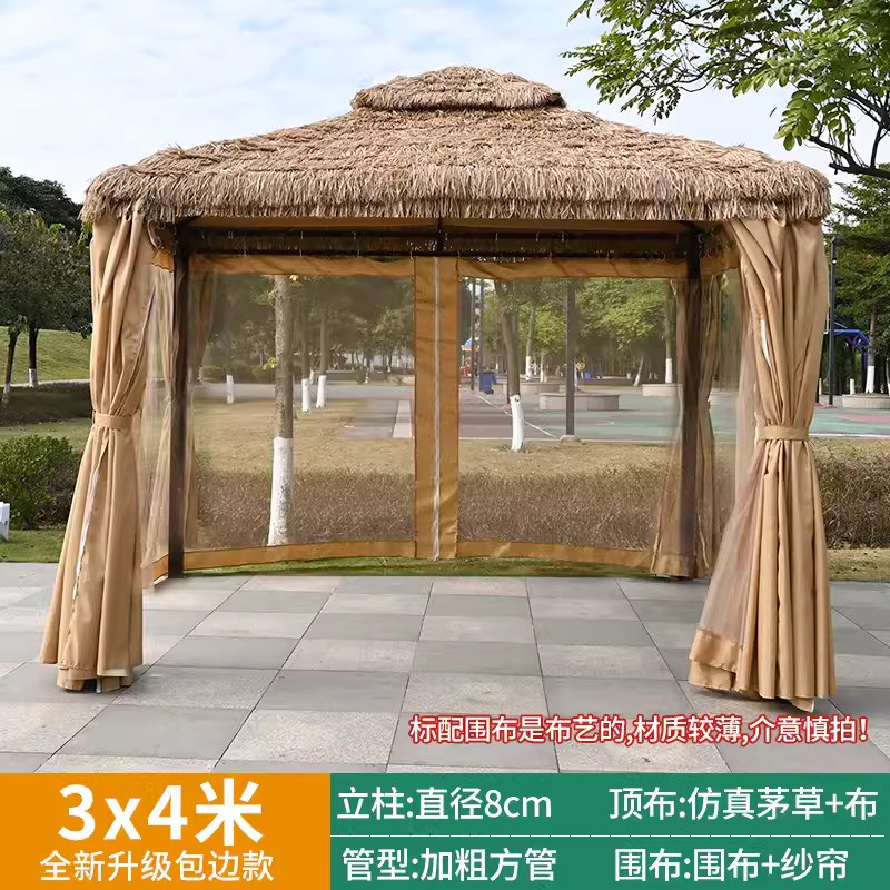 Edge wrapped 3x4 meter thatched canopy with surrounding cloth and gauze curtain, column 8cm