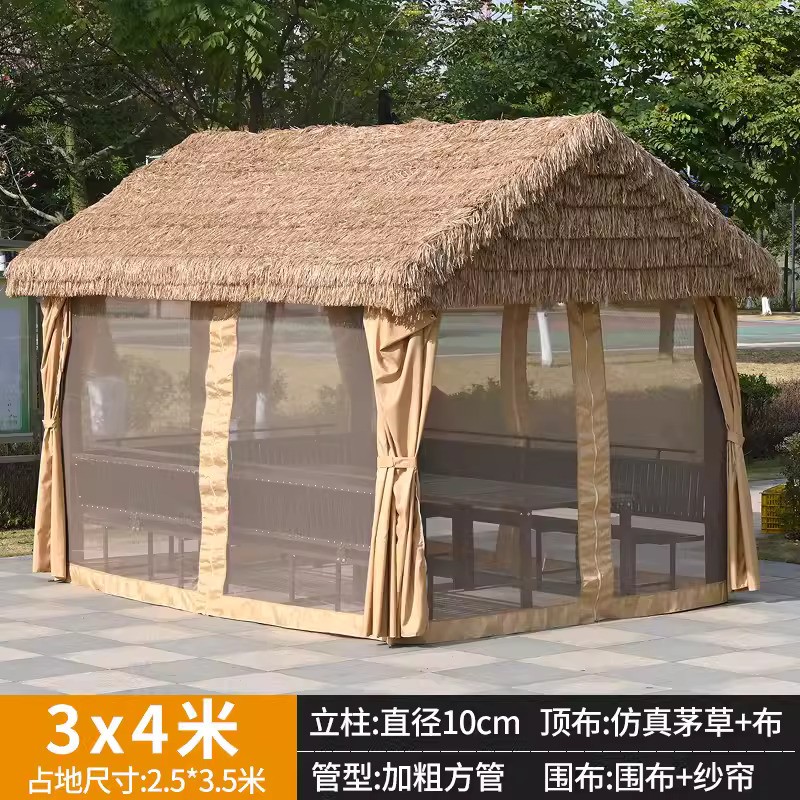 Cloud roof thatch 3x4 meters [with three sided seat board including table]+10cm fence curtain pillar