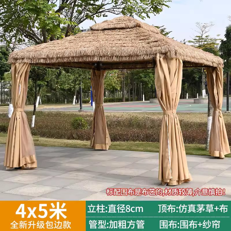 Edge wrapped 4x5 meter thatched canopy with surrounding cloth and gauze curtain, with 10cm pillar